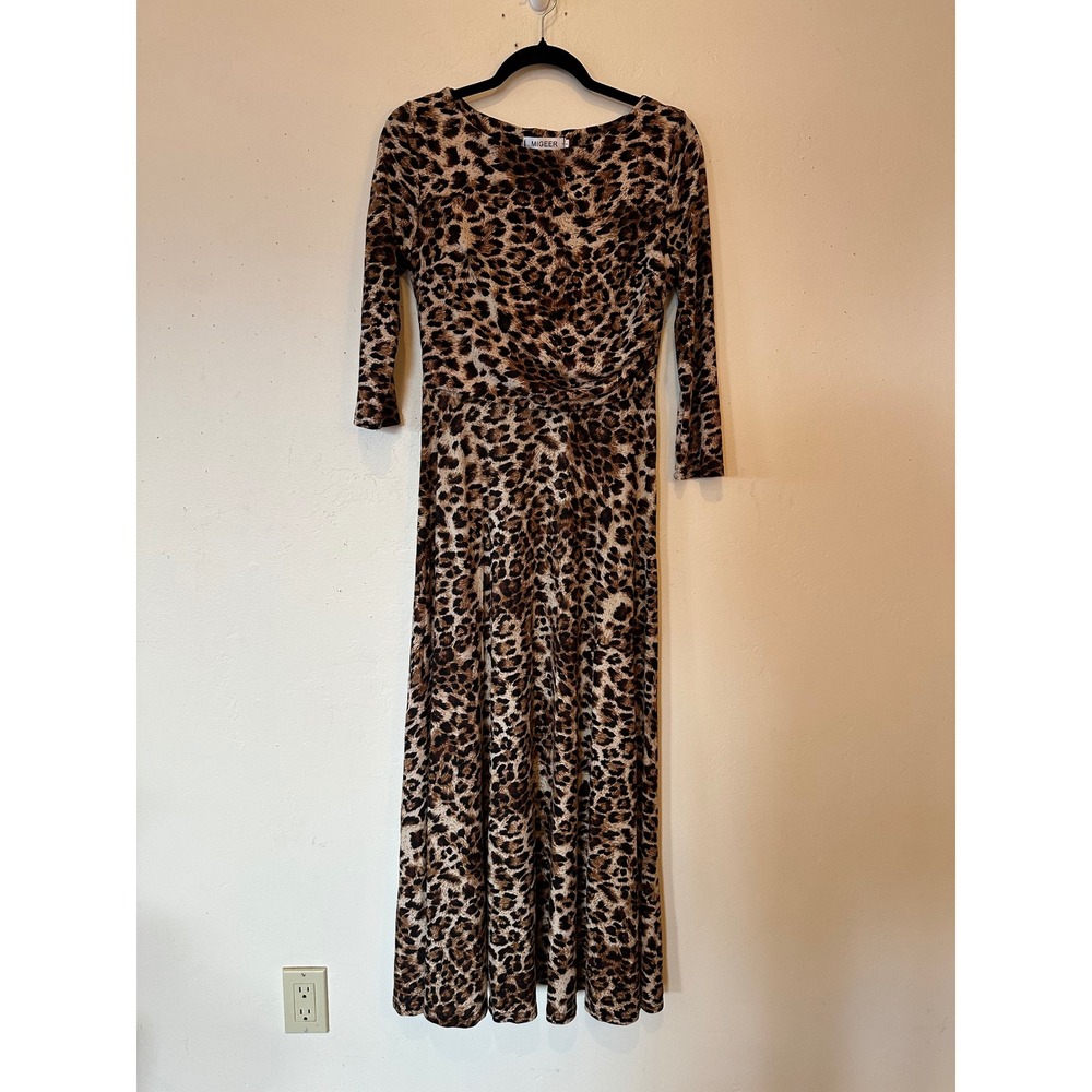Migeer Women Leopard Print Maxi Dress Long Sleeve Gathered Waist Brown Large